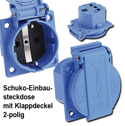 Schuko Einbausteckdose blau mit Klappdeckel 2-polig + , 16 A 250V
