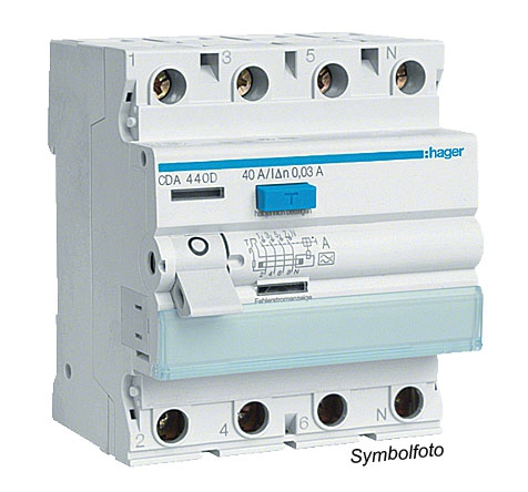Hager FI-Schalter 4P / 6kA / 40A / 30mA Typ A VS mit Nennstrom vorsicherbar (für Überlast)