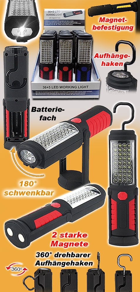 36+5 LED Mulitfunktions Arbeitsleuchte mit 2 Magneten, drehbarem 180° Ständer und einklappbarem 360° drehbarem Aufhängehaken - dadurch universell einsetzbar