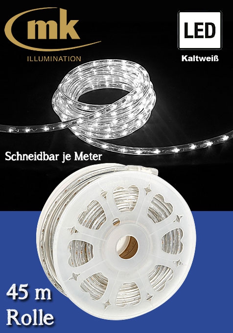 LED Rope Light 30 PVC-Lichtschlauch mit 1.350 kaltweißen LEDs / 45m Rolle / 157.5 W / 220-240V / für den Aussenbereich IP67 / schneidbar je Meter