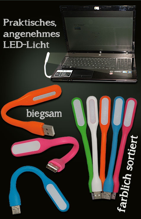 Mini USB LED Leuchte biegsam - Betrieb per USB - Verbindung mit Laptop, USB Adapter, Powerbank / 5V / 1,2 W