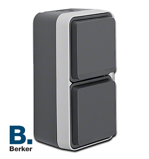 Berker FR AP Schuko Steckdose 2-fach senkrecht mit Klappdeckel W.1 / grau/lichtgrau matt