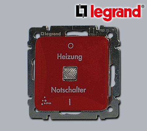 Legrand CREO UP44 Feuchtraum Einsatz Ausschalter 2polig mit Wippe und Aufdruck Heizung/Notschalter / Kunststoff Thermoplast - Rot glänzend
