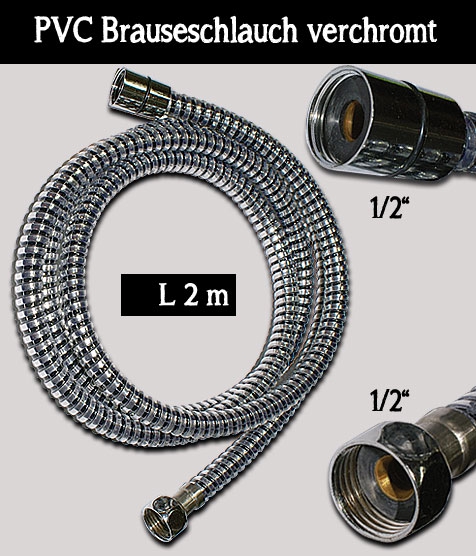 PVC 2,0m Brauseschlauch verchromt / Anschlüsse 1/2 Zoll