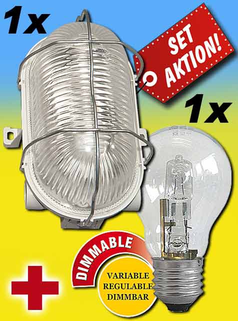 Set 1 x FR Ovallleuchte / 649PO415 / Art. 008916 / 60W / E27 und 1 x Energy Reducing Halogenglühlampe / 630 Lumen / 42W / E27 / 240V / dimmbar