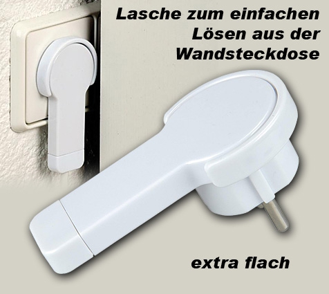 Schuko Flachstecker weiß mit Lasche zum einfachen Lösen aus der Wandsteckdose