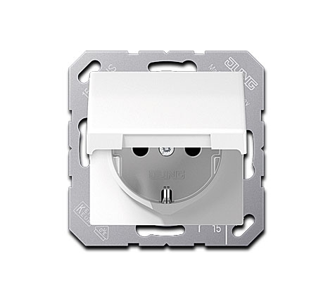 Jung UP Schuko Steckdose mit Klappdeckel (mit Rückstellfeder) IP44, 1-fach, 55 x 55 mm, 16A 250V~, Duroplast, Alpinweiß