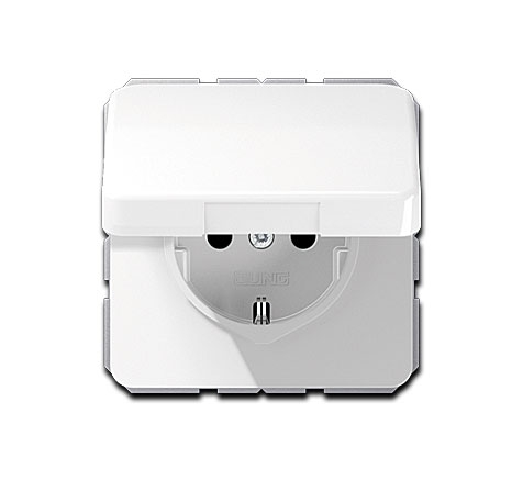 Jung UP Schuko Steckdose mit Klappdeckel (mit Rückstellfeder) IP44, 1-fach, 68 x 68 mm, 16A 250V~, Duroplast bruchsicher hochglänzend, Alpinweiß