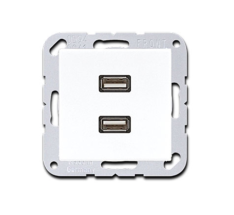 Jung Multimedia Anschlusssystem 2 x USB - kpl. mit Tragring / Schraubbefestigung / Thermoplast bruchsicher hochglänzend / Alpinweiß