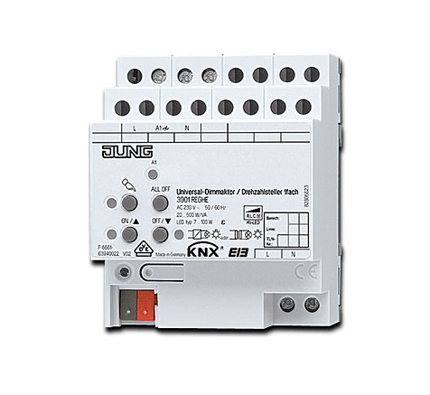 Jung KNX LED-Universal-Dimmaktor / Drehzahlsteller 1-fach / REG-Gehäuse 4 TE / ETS-Produktfamilie Beleuchtung / Produkttyp Dimmer