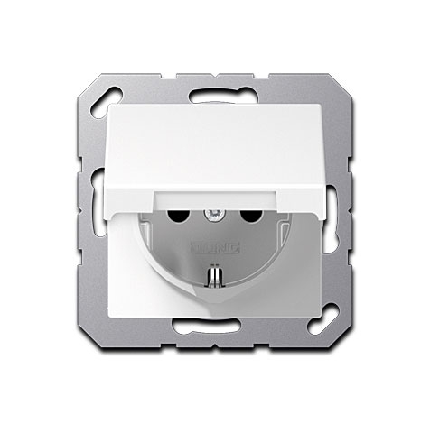 Jung UP Schuko Steckdose mit Klappdeckel (mit Rückstellfeder) IP44 und mit Kinderschutz, 1-fach, 55 x 55 mm, 16A 250V~, Duroplast (hochkratzfest) glänzend, Alpinweiß