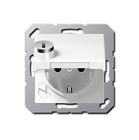 Jung UP Schuko Steckdose mit Klappdeckel (mit Rückstellfeder) und Sicherheitsschloss 16 A 250 V ~ /  55 x 55 mm / Thermoplast (bruchsicher) hochglänzend, Alpinweiß
