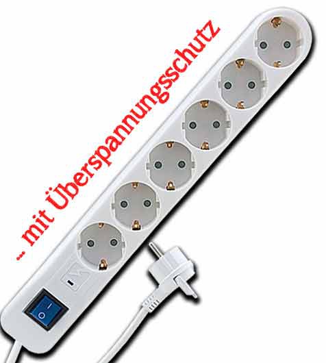 Steckdosenleiste ICE 6-fach / 1,4 m Zuleitung 3x1,5 mit Schuko-Winkelstecker mit Herauszieh-Lasche / 45 Grad / mit Schalter und Überspannungsschutz