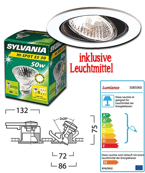 Sylvania Halogen Einbaustrahler INSET 70 SWING HI-SPOT inkl. Halogen Reflektorlampe ES50 / 50W / GU10 / 230V / 2.700K - für den Innenbereich