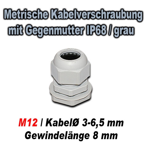 Metrische Kabelverschraubung mit Gegenmutter IP68 / GT M12N / grau / für Kabeldurchmesser 3-6,5 mm / Gewindelänge 8 mm