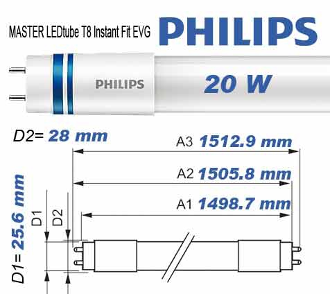 Philips MASTER LEDtube T8 Instant Fit EVG / 1.500 mm / 3.100 lm / 20W / G13 / 30-80V / 160° / A++ / 4.000 K / 840 nw - dimmbar