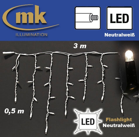 LED ICE LITE® 114 flashing Eiszapfenvorhang 230V / 3 m x 0,5 m / 7W / koppelbar / IP67 für den Aussenbereich / neutralweiß / weißes Kabel