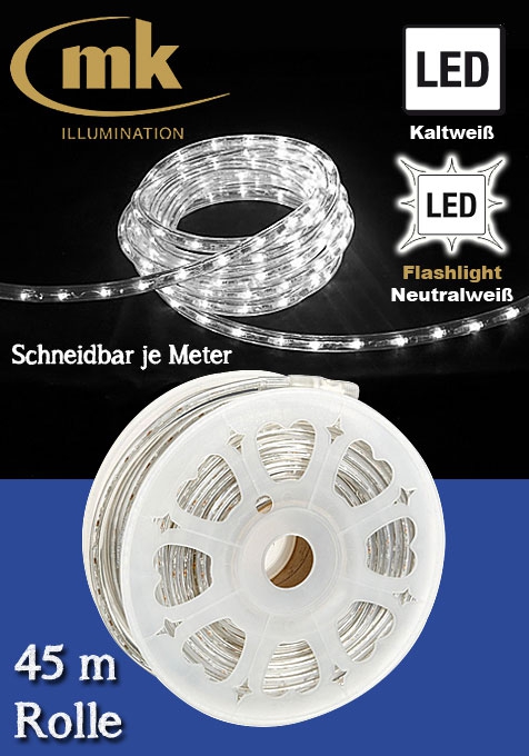 LED Rope Light 30 - PVC-Lichtschlauch mit 1.350 kaltweißen LEDs flashing / 45m Rolle / 157.5 W / 220-240V / für den Aussenbereich IP44 / schneidbar je Meter