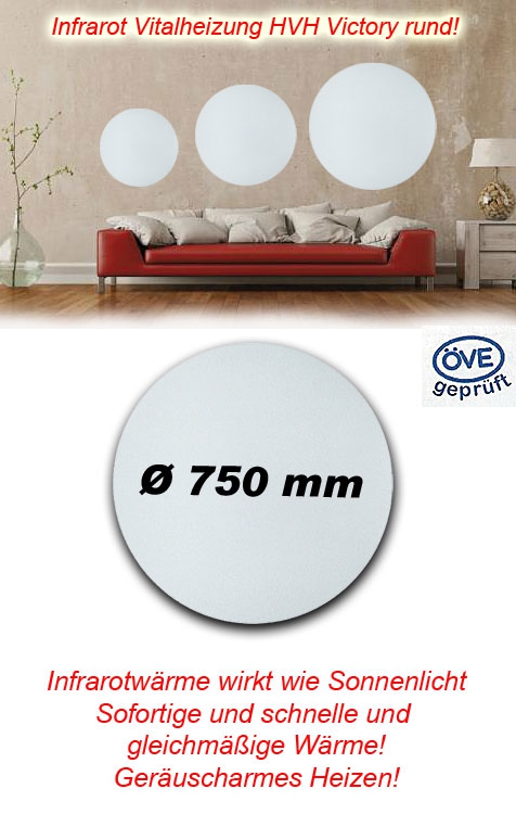 Infrarot Vitalheizung Victory HVH350rund mit 1,5m Zuleitung und Uni-Stecker weiß - für die Wand- und Deckenmontage IP44 / 350W / 230V / Ø 750 x 30 mm