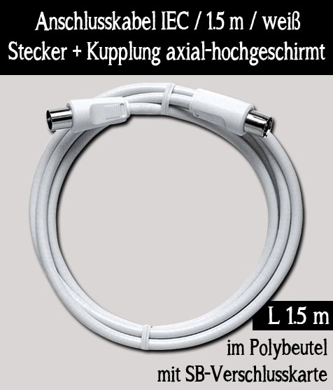 Axing HDTV taugliches Premium-line IEC Anschlusskabel doppelt geschirmt / L 1,5 m / 75 Ohm / weiß / mit 1x Antennenstecker 75 Ohm und 1x Antennenbuchse 75 Ohm