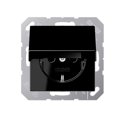 Schuko-Steckdose mit Klappdeckel 1-fach / 16 A 250 V / 55 x 55 mm / schwarz glänzend