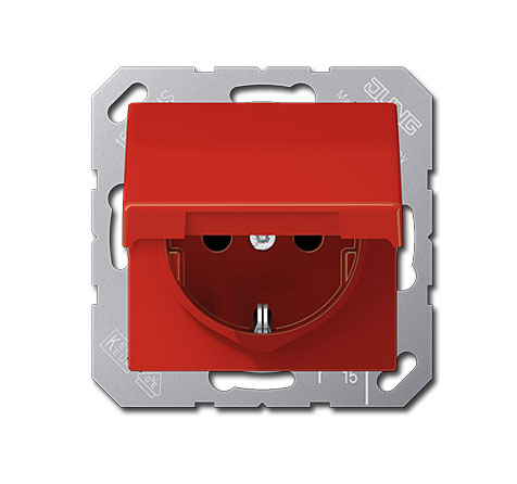 Jung Schuko Steckdose 1-fach mit Klappdeckel / mit Rückstellfeder, 55 x 55 mm, 16A 250V~, Thermoplast rot hochglänzend
