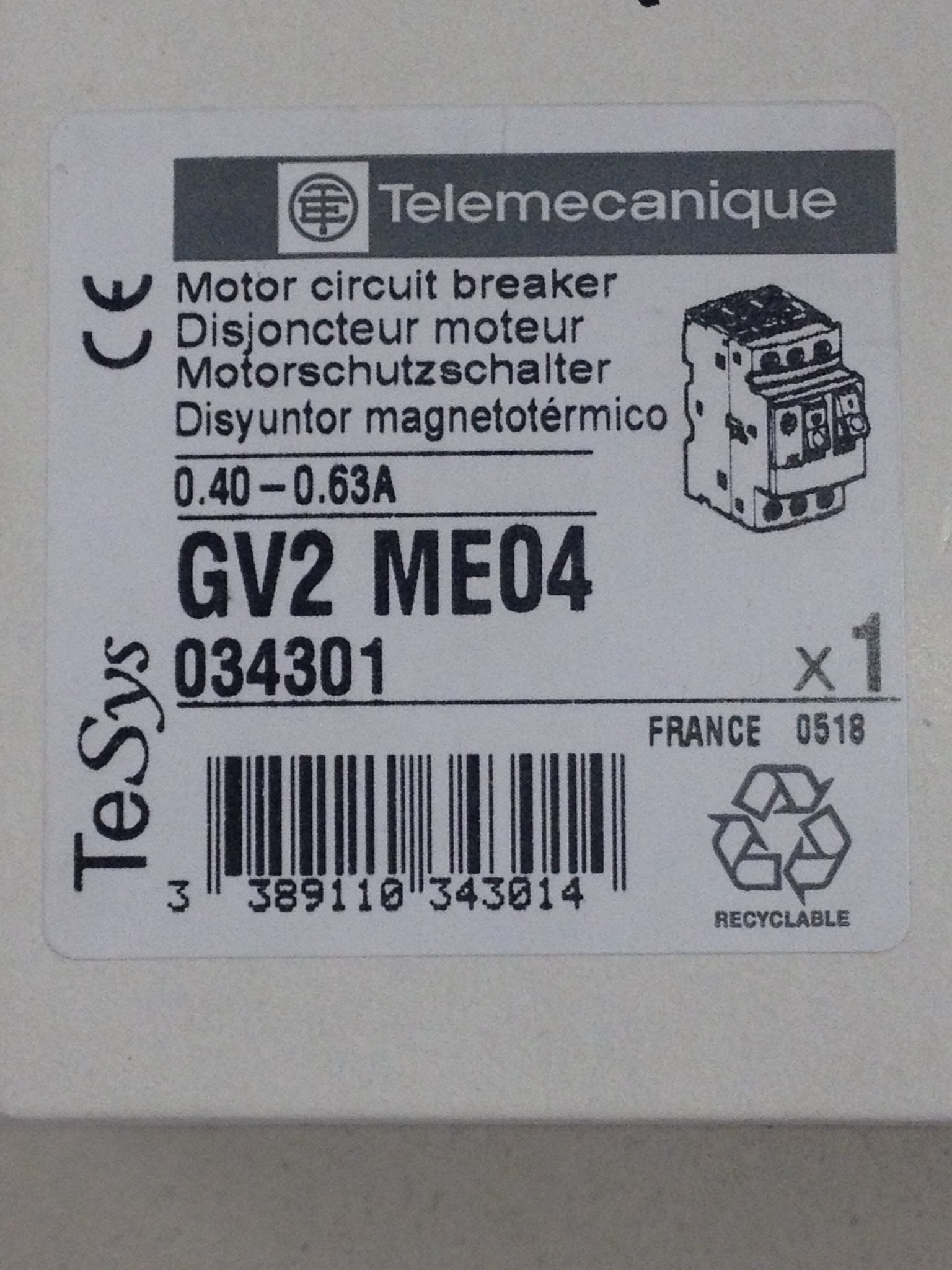 MOTORSCHUTZSCHALTER 0,12 GV2ME04 EINSTELLUNGSBER. 0,4-0,63 034301