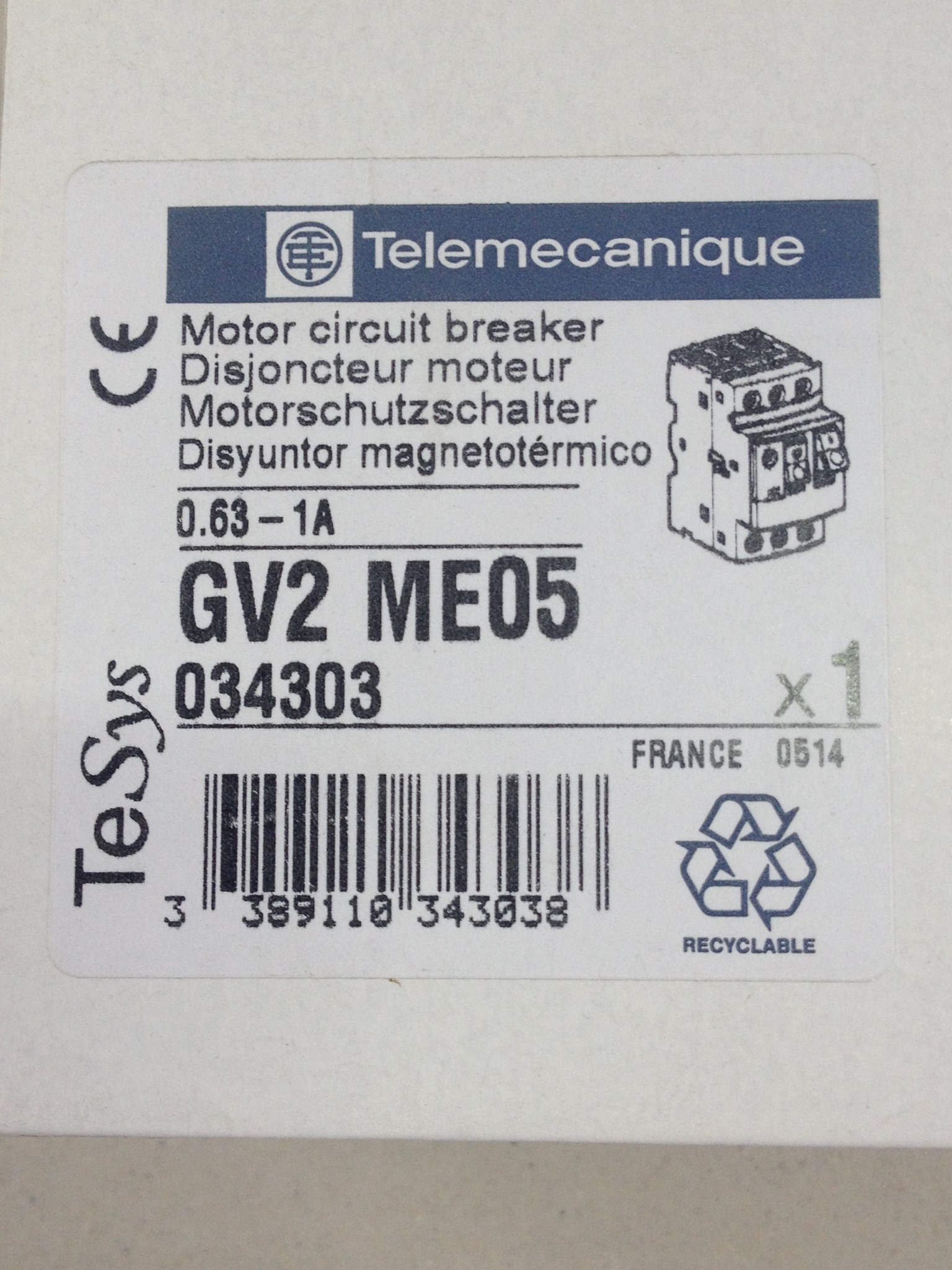 MOTORSCHUTZSCHALTER 0,63 GV2ME05 0,63-1 034303
