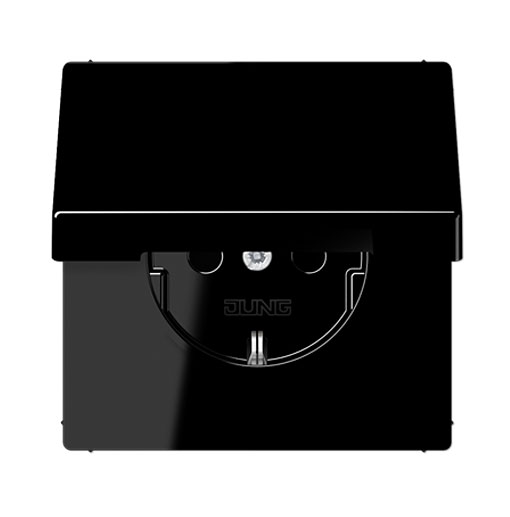 Jung UP Schuko-Steckdose 16A / 250V mit Klappdeckel (mit Rückstellfeder) schwarz glänzend