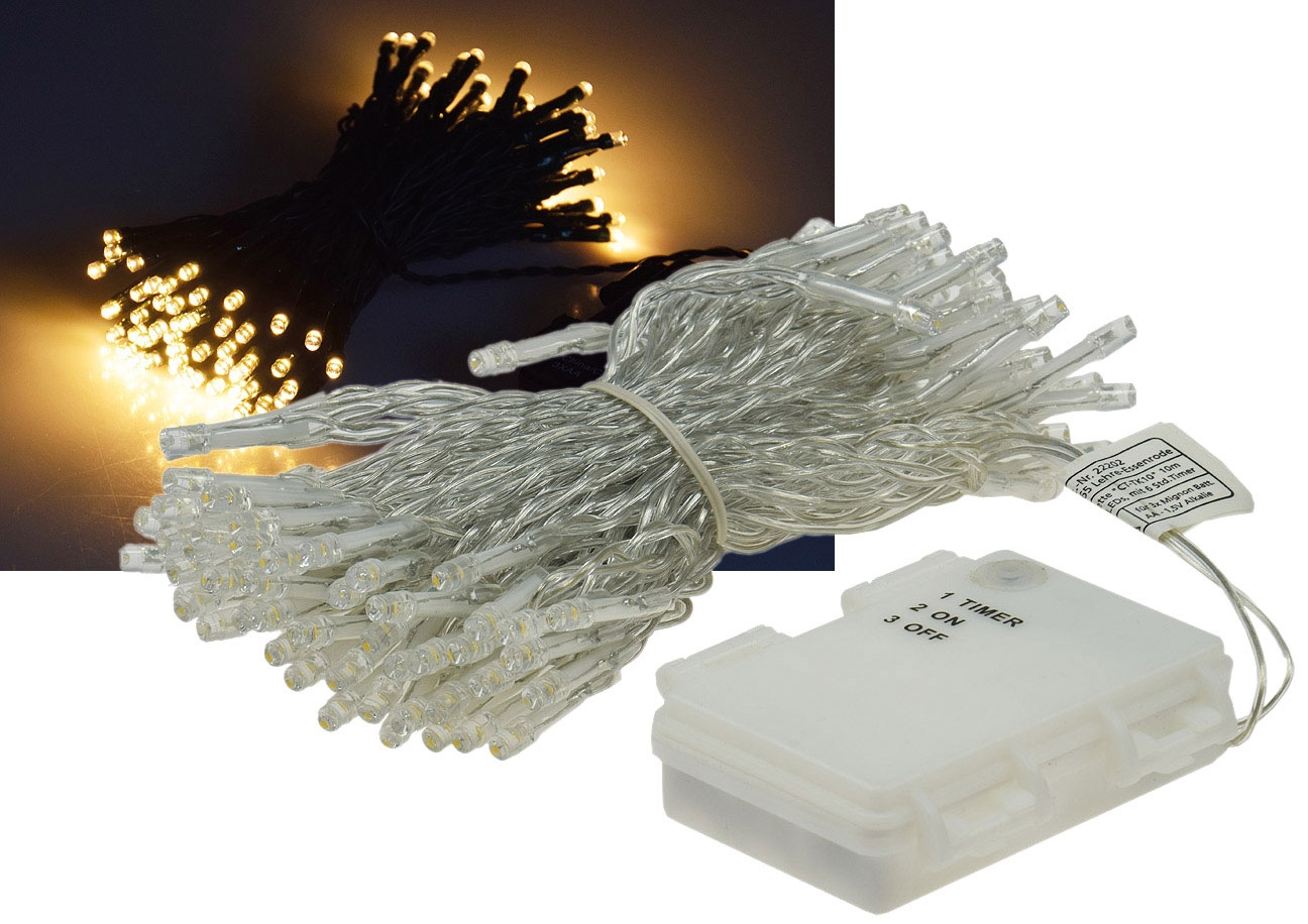 LED Batterie-Lichterkette CT-TK100 / 10m / warmweiß / IP44 / 100 LEDs / mit 6 Std. Timer