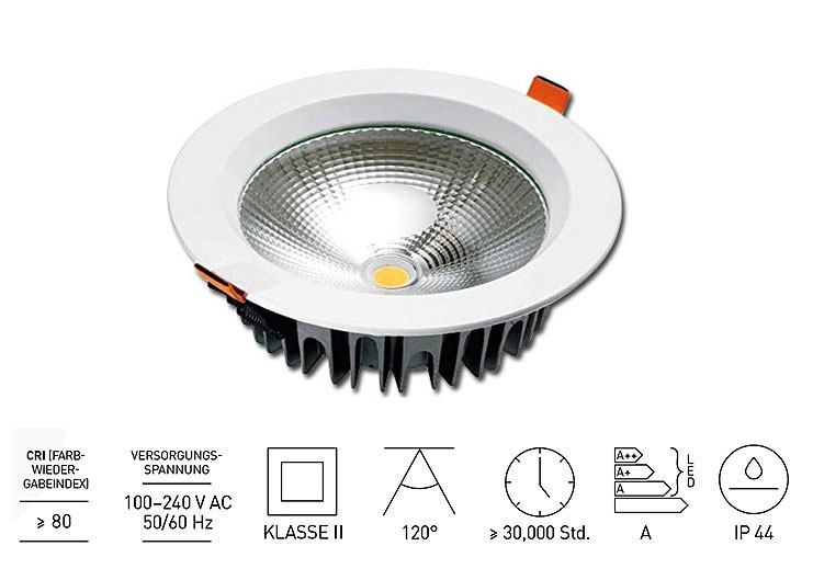 COB LED-Einbauspot rund Aluminium IP44 / 2.000 Lumen / 20W / 100-240V AC / 120° / 4.000K / Neutralweiß / Ø 190 mm