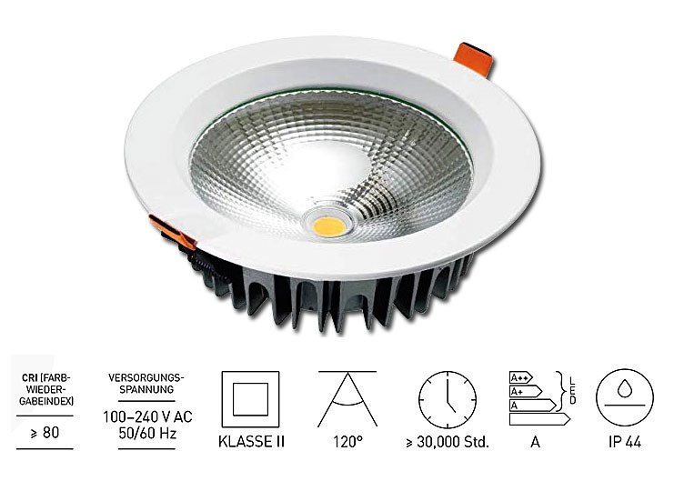 COB LED-Einbauspot rund Aluminium IP44 / 2.000 Lumen / 30W / 100-240V AC / 120° / 3.000K / Warmweiß / Ø 230 mm 