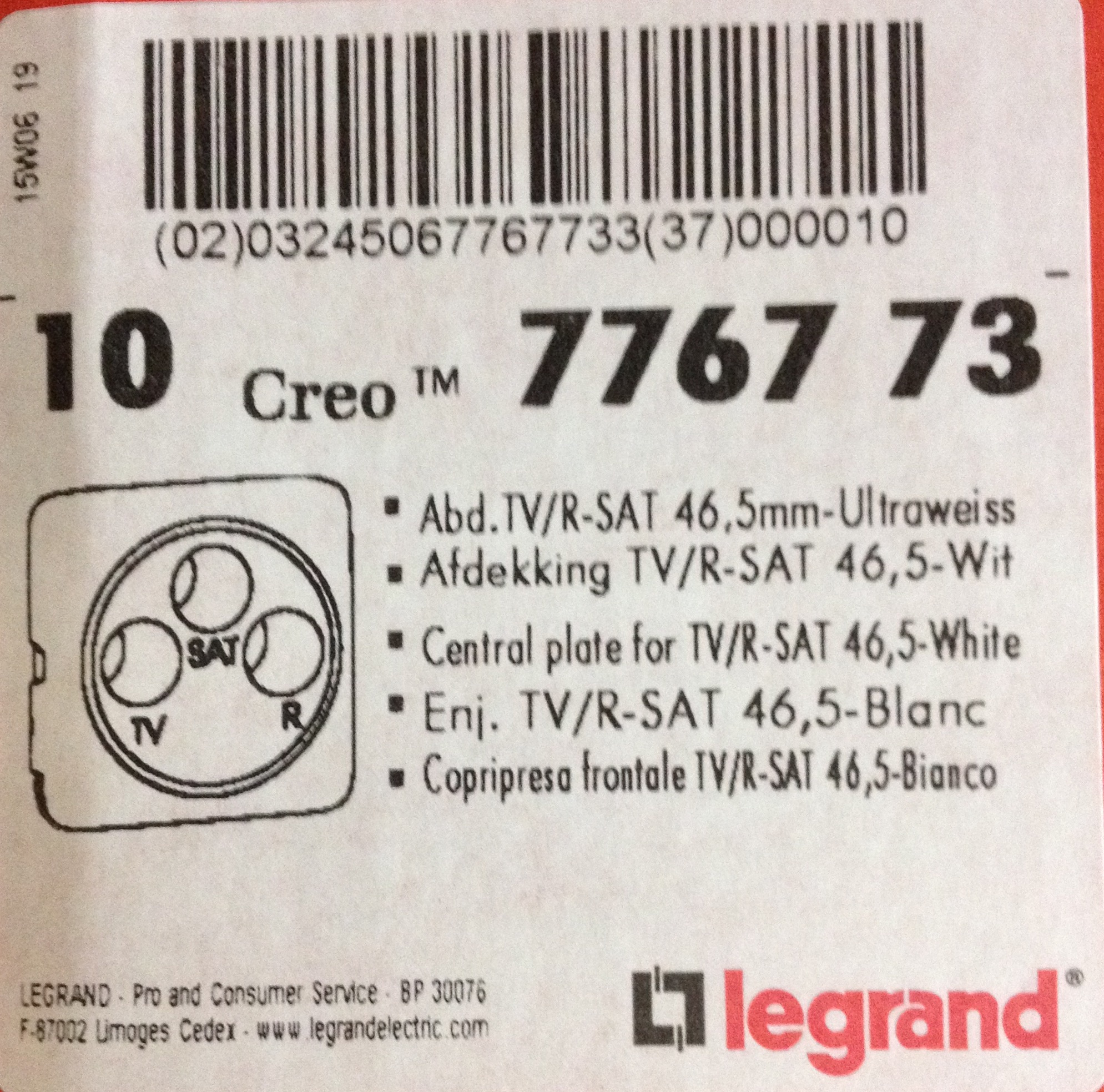 Abdeckung Antennen-Steckdose 3-Loch TV-R-SAT System Legrand Creo ultraweiss
