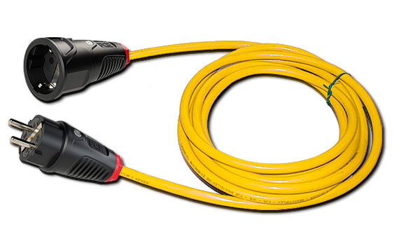 K35 - Baustellenleitung XYMM gelb/orange f. Außen 3x1,5 mm2 / 25 m / mit Taurus Vollgummi-Schukostecker sw/rot IP54 / 0512-SR - 335PC513 + Taurus Vollgummi-Schukokupplung sw/rot IP20 / 2520-SR - 335PC252