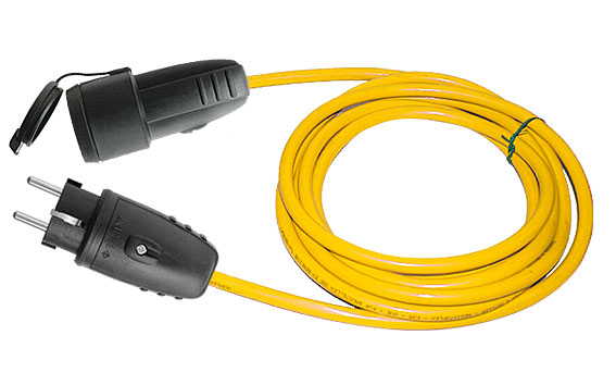 K35 - Baustellenleitung XYMM 3x1,5 gelb/orange f. Außen 3x1,5 mm2 / 10 m / mit Gummi-Stecker schwarz IP44 - 335NL495 + Gummi-Kupplung mit Deckel schwarz IP44 / 335NL696