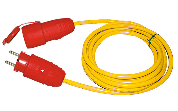 K35 - Baustellenleitung XYMM 3x1,5 gelb/orange f. Außen 3x1,5 mm2 / 10 m / mit Schuko-Gummistecker rot IP44 / 335NL893 + Schuko-Gummikupplung mit Deckel rot IP44 / 335NL146