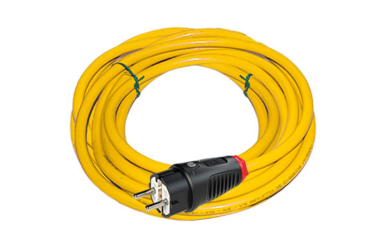K35 - Baustellen-Anschlussleitung XYMM 3x1,5 gelb/orange f. Außen / 5 m / mit PCE Taurus 2 Gummi-Schukostecker schwarz IP54 - 335PC051