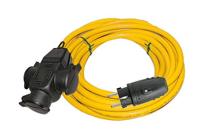 K35 - Baustellenleitung XYMM 3x1,5 gelb/orange f. Außen 3x1,5 mm2 / 50 m / mit Gummi-Stecker schwarz IP44 - 335NL495 + 3-fach Gummi-Schukokupplung schwarz mit Klappdeckel und zentraler Kabeleinführung IP44 - 335KE001