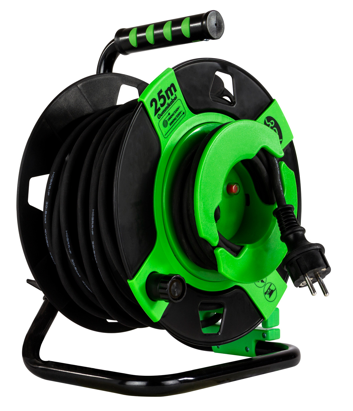 Gerätekabeltrommel Kunststoff / IP44 / mit 25 m Kabel H05RR-F 3G1,5 / sw-gn und Gummi-Schutzkontaktstecker