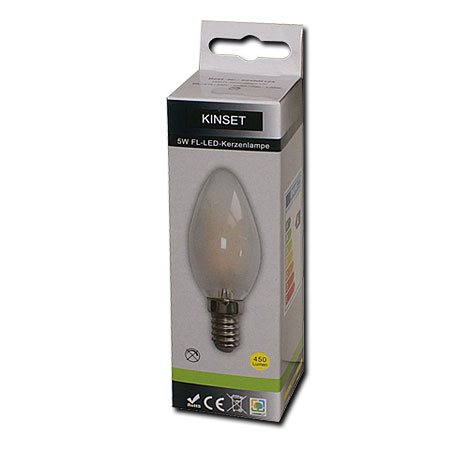 LED-Filament-Kerzenlampe C37 / 450 Lumen / 5W / E14 / 230V / 360° / 3.000K / Warmweiß matt / A+
