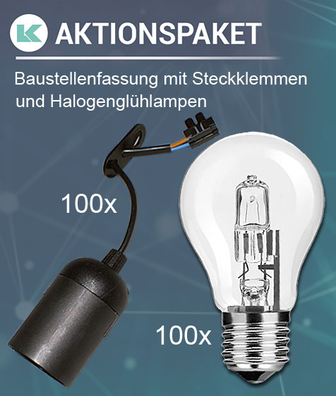 Aktionspaket 100 x Baustellenfassungen mit Schraubklemme und 100 x Halogenglühlampen 42W / E27