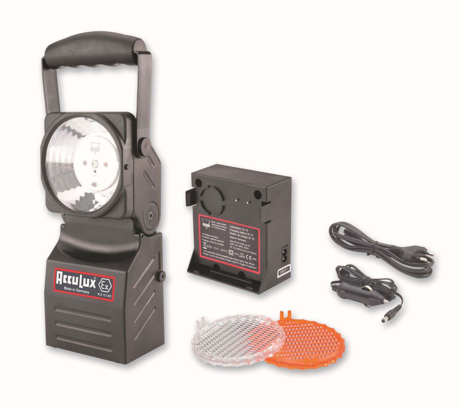 EX-geschützte Arbeitsleuchte AccuLux EX SLE 15LED / mit Notlichtfunktion / Ladestation 12-24V / versch. Farbscheiben