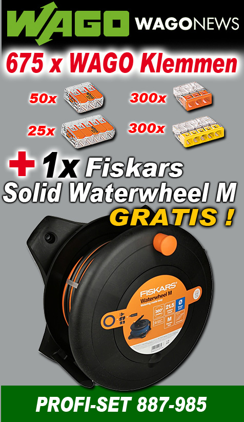 Wago Aktionspaket mit 675 Klemmen und 1 x Fiskars Solid Schlauchtrommel - 21,5m Schlauch inkl. Anschlüsse - GRATIS