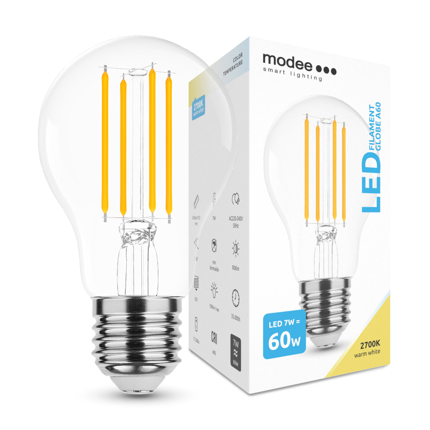 Smart Lighting LED Filament Glühlampe A60 / 806 Lumen / 7W / E27 / 360° / 2.700K / 827 Warmweiß klar