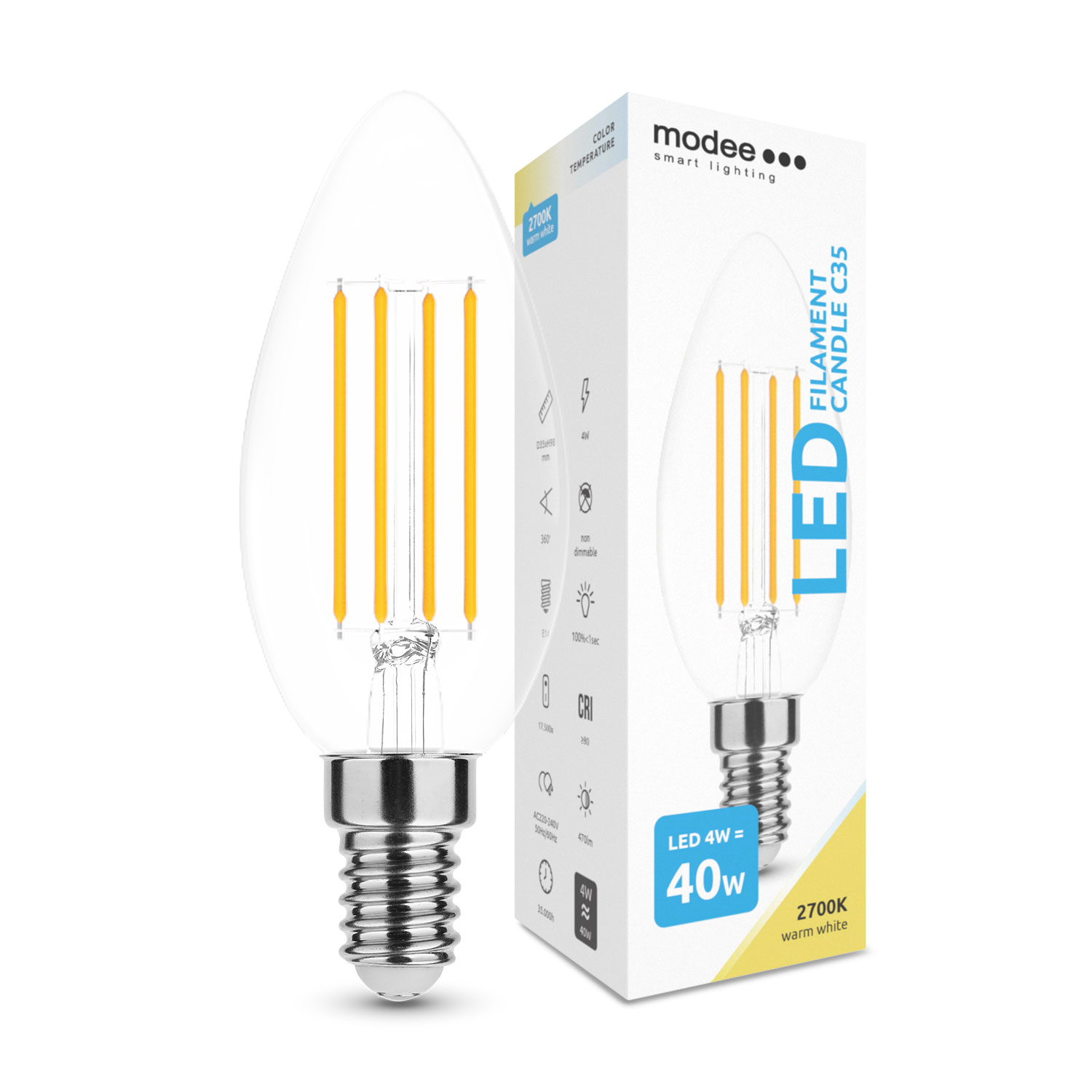 Smart Lighting LED Filament Kerzenlampe C35 / 470 Lumen / 4W / E14  / 360° 2.700K / 827 Warmweiß klar