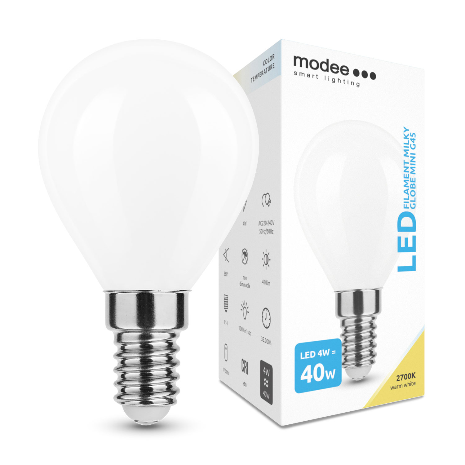 Smart Lighting LED Filament Kugellampe G45 / 400 Lumen / 4W / E14 / 360° / 2.700K / 827 Warmweiß matt