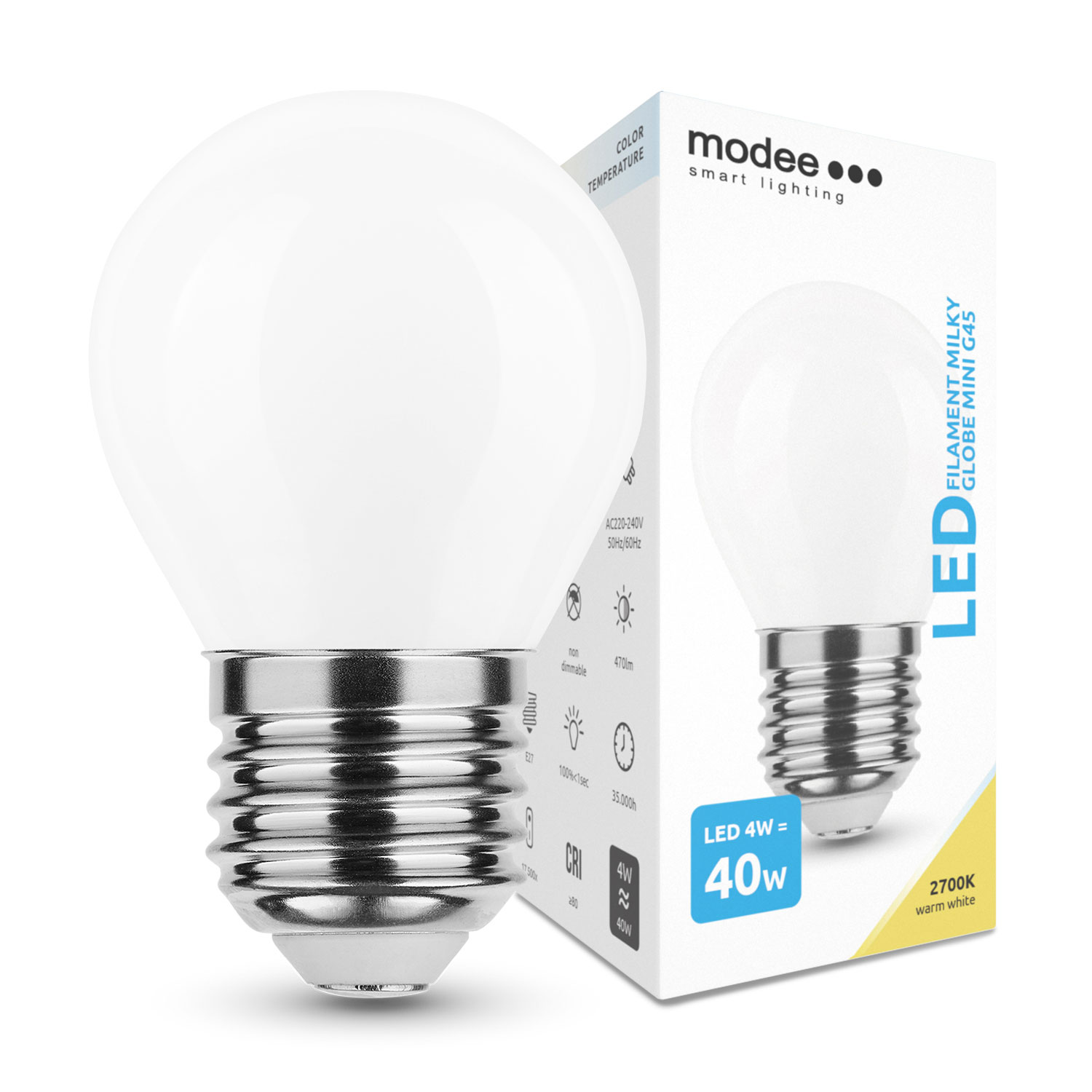 Smart Lighting LED Filament Kugellampe G45 / 470lm / 4W / E27 / 360° / 2.700K / 827 Warmweiß matt