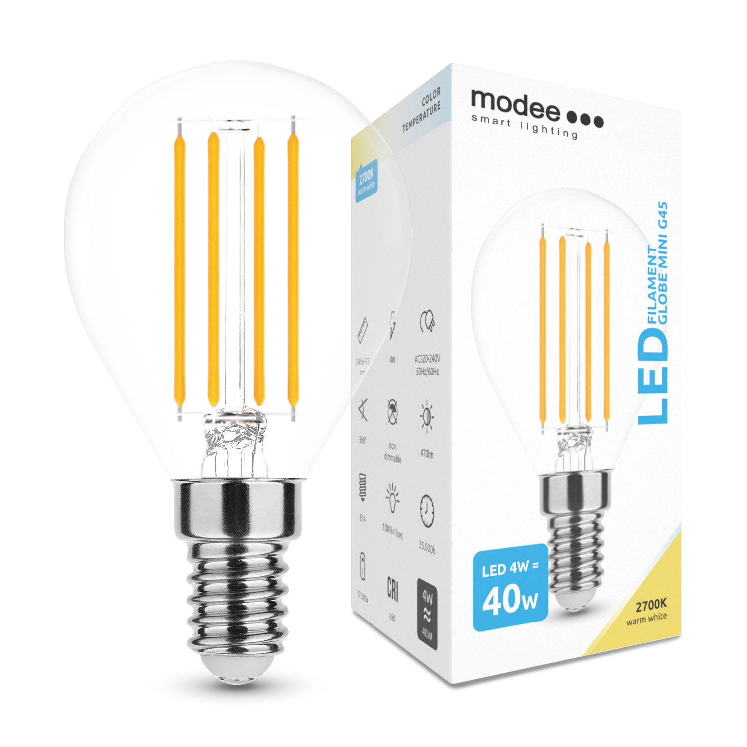 Smart Lighting LED Filament Kugellampe G45 / 430 Lumen / 4W / E14 / 360° / 2.700K / 827 Warmweiß klar