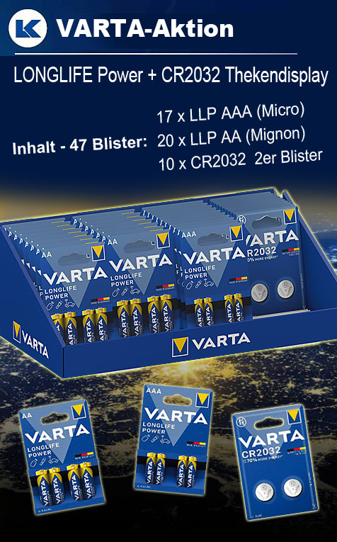 Varta LONGLIFE Power + CR2032 Thekendisplay mit 47 Blister