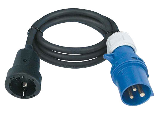 Caravan-Adapterleitung H07RN-F 3G1,5 mm² / 1,5 m / schwarz mit CEE-Stecker, 3-polig, 16A, 250V und Schuko-Kupplung IP44, 16A, 250V
